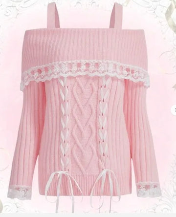 Getadme Women's Cold Shoulder Sweaters Long Sleeve Contrast Lace Knit Pullovers Bow Front Jumper Tops